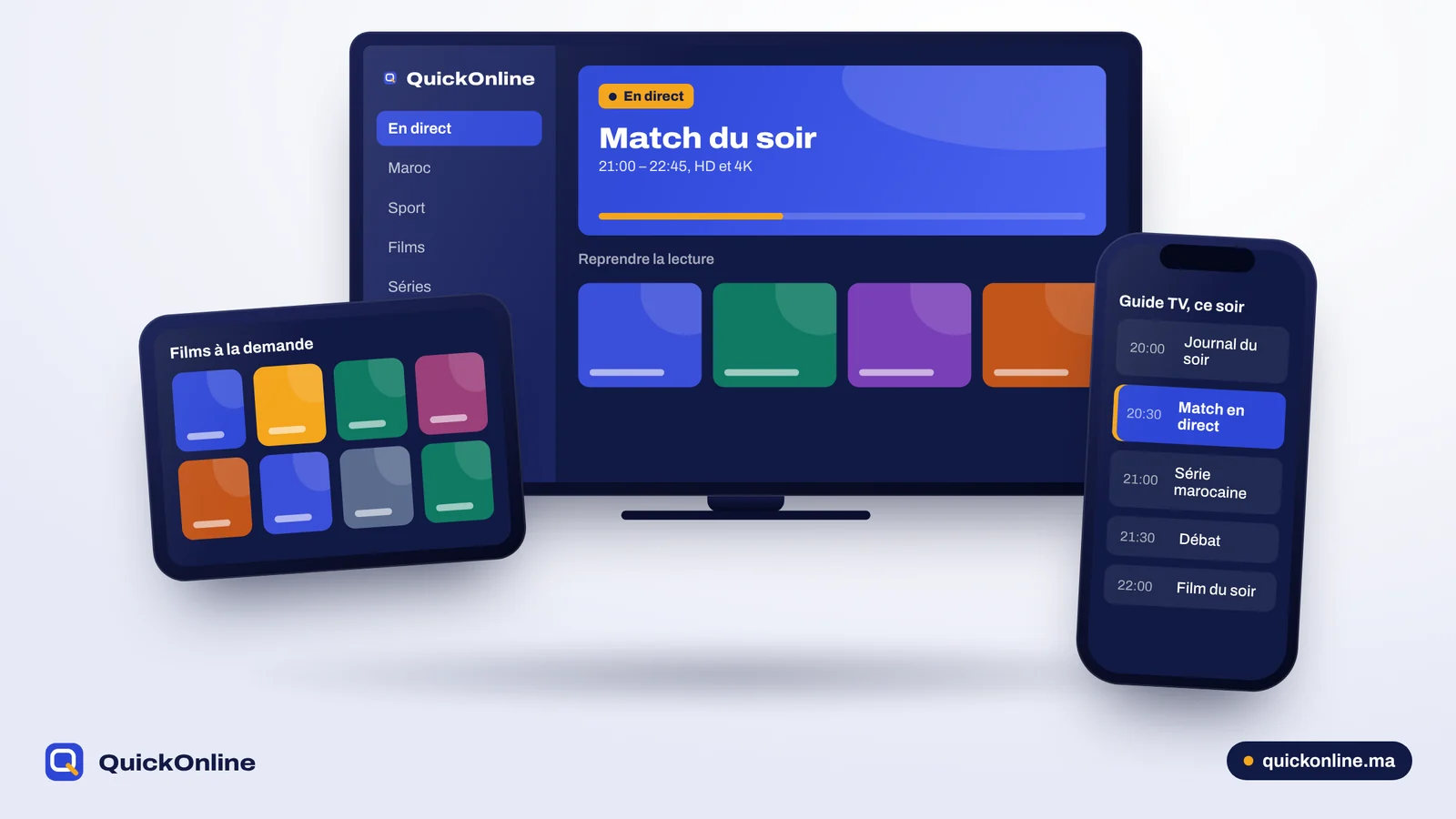 Le service IPTV QuickOnline affiché sur un téléviseur, une tablette et un smartphone