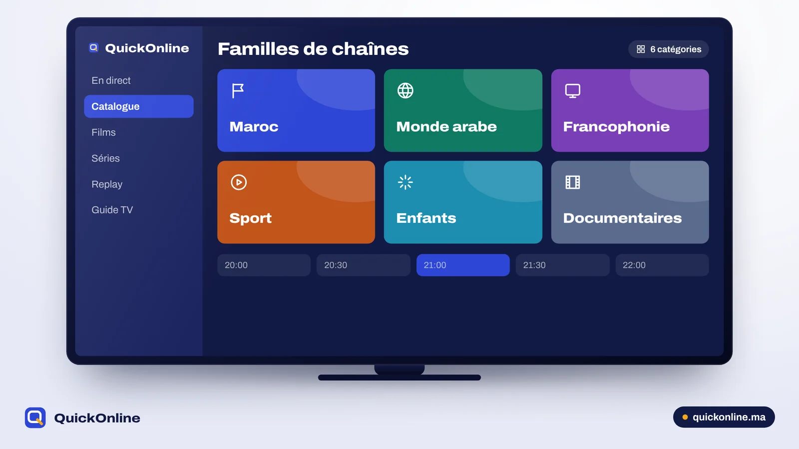 Catalogue de chaînes IPTV classé par familles sur un téléviseur