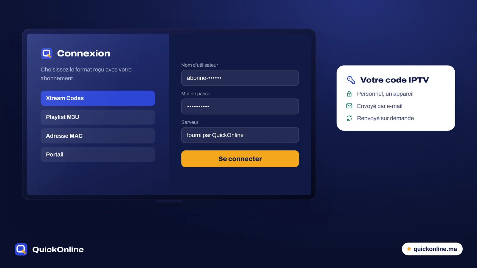 Écran de connexion Xtream Codes pour saisir un code IPTV sur un téléviseur