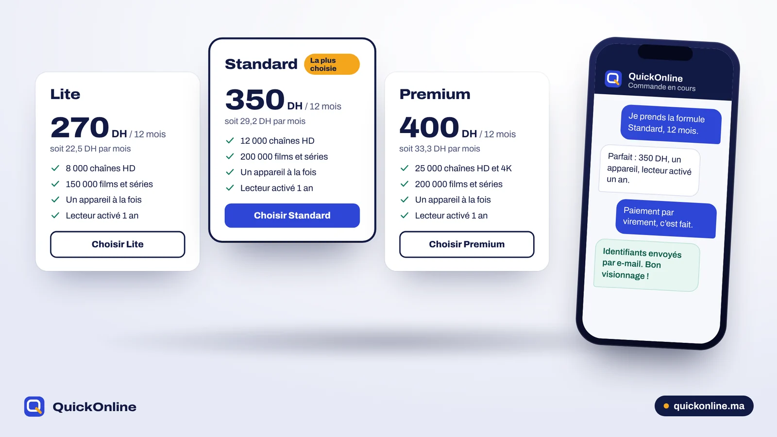Formules d’abonnement IPTV Lite, Standard et Premium avec confirmation de commande dans le chat