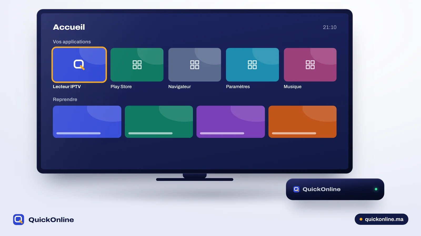Écran d’accueil Android TV avec le lecteur IPTV prêt à l’emploi