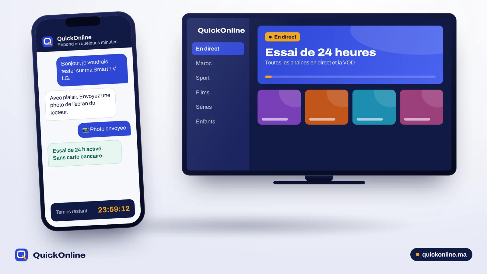 Essai IPTV gratuit de 24 heures activé depuis le chat sur un smartphone
